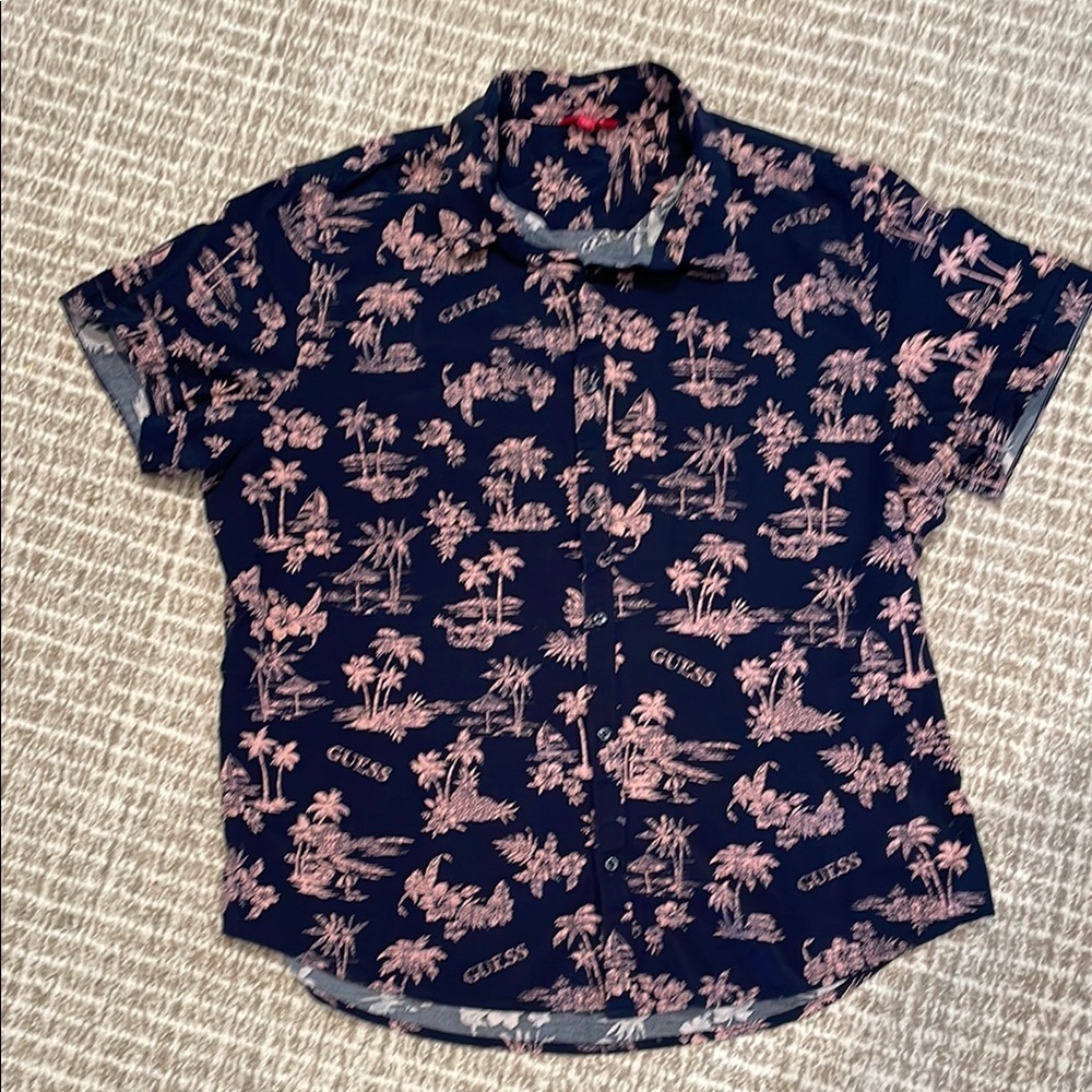 Guess Tropical Print Shirt in Navy and Pink Sz XXL